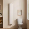 A vertical oval radiator is shown in a bathroom setting next to a toilet and a window. Voir les images du produit