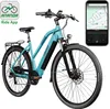A turquoise blue electric bicycle is shown against a white background, with a smartphone displaying a navigation app next to it. Náhľad obrázku produktu