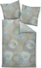 A bedding set with two pillowcases and a duvet cover, all featuring a circular pattern. Voir les images du produit