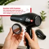 Hands holding a black hairdryer and its detachable filter, with text overlay. Produktbild-Vorschau