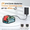A battery pack for a trimmer is shown connected to a charger, with text indicating battery specifications and charging status. Produktbild-Vorschau