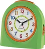 A close-up studio shot of a green and orange analog alarm clock. Produktbild-Vorschau