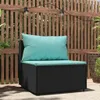 An outdoor seating area with a black rattan sofa and turquoise cushions, set against a wooden fence with string lights. Podgląd zdjęcia produktu