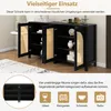 A black sideboard with rattan doors is shown in a room setting, with text overlays describing its features and versatility. Podgląd zdjęcia produktu