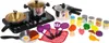 A collection of toy kitchenware and play food items arranged on a white background. Produktbild-Vorschau