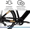 A close-up view of the rear wheel and drivetrain of a black and gold bicycle, with marketing text and icons above. Produktbild-Vorschau