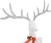 Close-up of a white LED reindeer decoration with silver antlers and a red ribbon with green and gold bells around its neck. Produktbild-Vorschau
