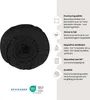 A rolled-up black fitted sheet is shown next to a list of product features and certifications. Produktbild-Vorschau