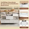 A collage of images showcasing a white coffee table with natural wood accents, highlighting its storage features and adjustable height. Anteprima dell’immagine prodotto