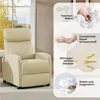 A recliner chair is shown next to a window, with close-up images and text highlighting its features. Produktbild-Vorschau