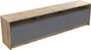 A long, low media console with a wood-grain top and sides, and three gray cabinet doors on the front. Náhľad obrázku produktu