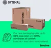 The image shows several cardboard boxes with the 'OPTIMAL' logo and text, presented against a background that transitions from white to green. A graphic highlighting eco-friendly packaging is also present. Produktbild-Vorschau