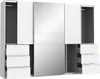 A white wardrobe with mirrored doors and open drawers, displayed against a white background. Produktbild-Vorschau