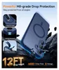 A blue phone case is shown on a rocky surface, with graphics highlighting its protective features. Produktbild-Vorschau
