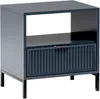 A dark blue nightstand with a drawer and an open shelf, shown against a white background.