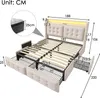 A diagram showing the dimensions of a bed frame with storage drawers and a headboard with integrated lighting. Produktbild-Vorschau