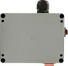 A gray electronic enclosure with a black cable gland on top and a red button on the side. Náhľad obrázku produktu