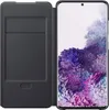 A black flip case for a Samsung Galaxy S20 Plus phone is shown open, with the phone displaying a colorful wallpaper. Produktbild-Vorschau