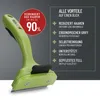 A green pet grooming tool with text overlays highlighting its features and benefits. Voir les images du produit