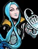 Stylized illustration of Maya from Borderlands 3, a character with blue hair and tattoos, holding a white object. Produktbild-Vorschau