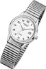 A close-up studio shot of a women's wristwatch with a silver metal expansion band and a white dial. Produktbild-Vorschau