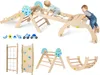 A collage of images showing a wooden indoor climbing structure for children, with children playing on it, and separate components of the structure. Podgląd zdjęcia produktu