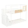 A white bunk bed with wooden accents and stairs against a white background. Náhled obrázku produktu