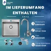 A graphic displaying a kitchen sink, faucet, and accessories with text listing the included items. Produktbild-Vorschau