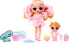 A set of LOL Surprise dolls and accessories, including two dolls, a travel case, eye masks, and food items. Voir les images du produit
