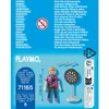 A Playmobil dart player set with a dartboard and darts, shown on a blue and white background with various text and icons. Produktbild-Vorschau