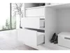 A modern bedroom interior with a white wardrobe and a large window overlooking a forest. Produktbild-Vorschau