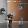 Multiple projectors are shown in different orientations and positions, demonstrating their versatility and features like the 90-degree gimbal stand. Produktbild-Vorschau