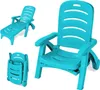 A collage of a turquoise plastic lounge chair in different states: fully reclined, upright, and folded. Produktbild-Vorschau
