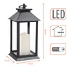 A black lantern with a white LED candle inside, shown with dimensions and feature icons. Produktbild-Vorschau