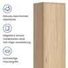 A close-up of a tall, narrow cabinet with a wood-grain finish, next to a list of its features with icons. Produktbild-Vorschau