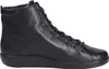 A studio shot of a single black leather high-top sneaker. Produktbild-Vorschau
