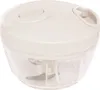 A manual mini chopper with a white lid and clear container, showing the blades inside. Voir les images du produit