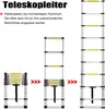Three images of a telescopic ladder in different stages of extension, with text describing its features. Produktbild-Vorschau