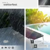 A collage showing a garden lounger in rain and by a pool, highlighting its weather-resistant features. Náhled obrázku produktu