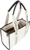 A white canvas tote bag with black trim and handles, featuring the Valentino logo printed repeatedly on the straps. Anteprima dell’immagine prodotto
