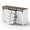 A white sideboard with a brown top and black sliding doors and drawer pulls, shown against a white background. Voir les images du produit