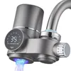 A close-up of a modern faucet water filter with a digital display and blue light emanating from the spout. Produktbild-Vorschau