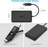 A collage of images showing a black external hard drive enclosure and its USB cable. Produktbild-Vorschau