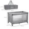 A travel cot and its carry bag are shown with dimensions indicated by measurement lines and text. Podgląd zdjęcia produktu
