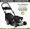 A black lawnmower with text and graphics describing its features. Produktbild-Vorschau