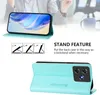 A person in the background is using a phone with a turquoise case that has a stand feature. Produktbild-Vorschau