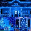 A collage of images showing blue LED string lights decorating a house for holidays and Christmas trees. Produktbild-Vorschau
