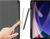 A hand is shown interacting with a tablet case, with styluses nearby, and a tablet screen in the background. Podgląd zdjęcia produktu