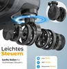 A close-up exploded view of suitcase wheels, highlighting their 360-degree rotation and low-noise features, with accompanying text. Produktbild-Vorschau