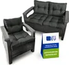 A set of outdoor lounge furniture, including an armchair and a two-seater sofa, with dark gray cushions. A sign indicating 'Made in EU' and 'Certified Materials' is placed in front of the furniture. Produktbild-Vorschau